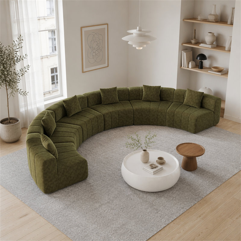 Canapé modulaire courbé en chenille avec 6 coussins, Vert