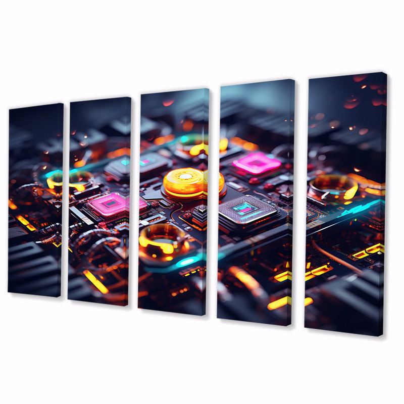 Sci-Fi High-Tech In Neon - Fantasy & Sci-Fi Wall Art Print - 5 Equal Panels