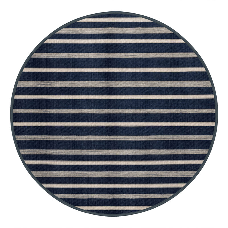  Tapis lavable rayé gris clair bleu marine, Rond 8 pi