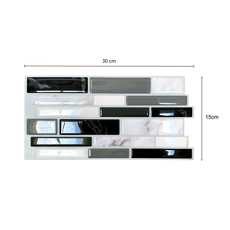 Anjli PVC Peel & Stick Subway Tile Sticker - 15cm x 30cm, Black/White/Grey