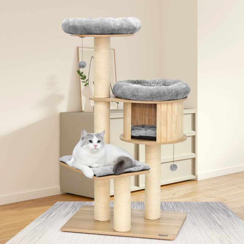 58.6" Pine Wood Cat Tree with Gray Cushions and Sisal Posts