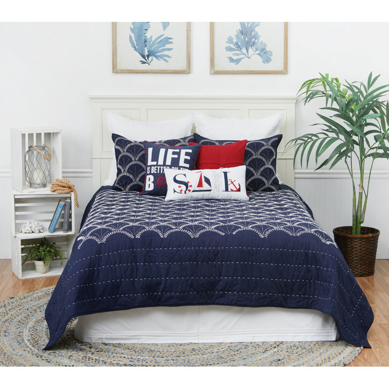 Blue Cotton Reversible Quilt Set