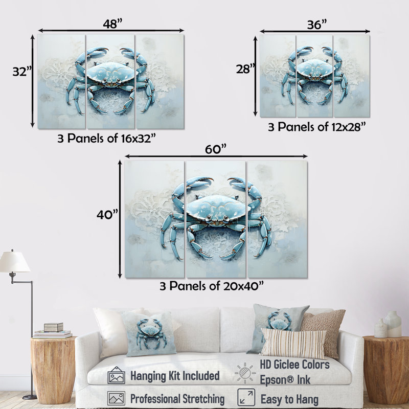Minimalisme, impression crabe bleu I - ensemble d'art sur toile crabe, H 40 po x l 60 po