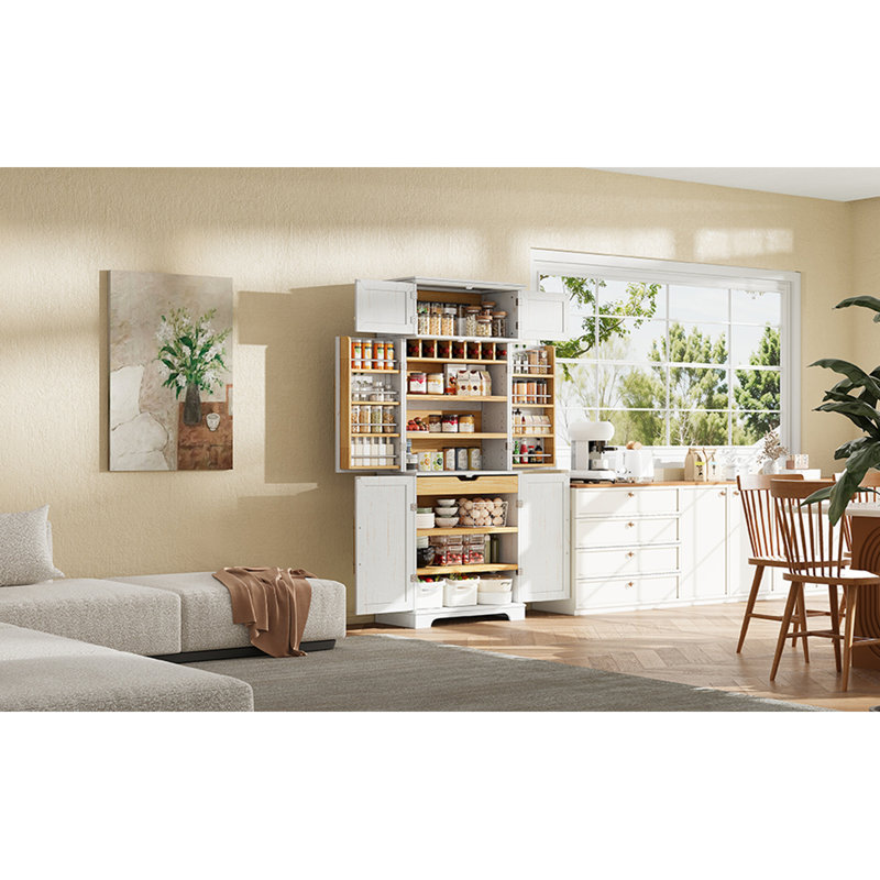 Grand garde-manger avec 8 tablettes de porte, tiroir caché, pour un rangement polyvalent, Blanc