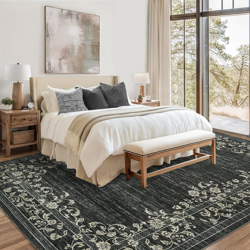 Tapis antidérapant lavable à la machine pour le salon Bordure florale à motif vieilli rétro, Rectangle 9 pi x 12 pi