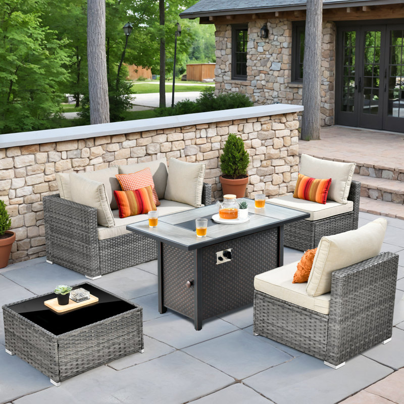 Aliva Wicker 4 - Person Outdoor Conversation Set With Fire Pit Table With Cushions, Beige