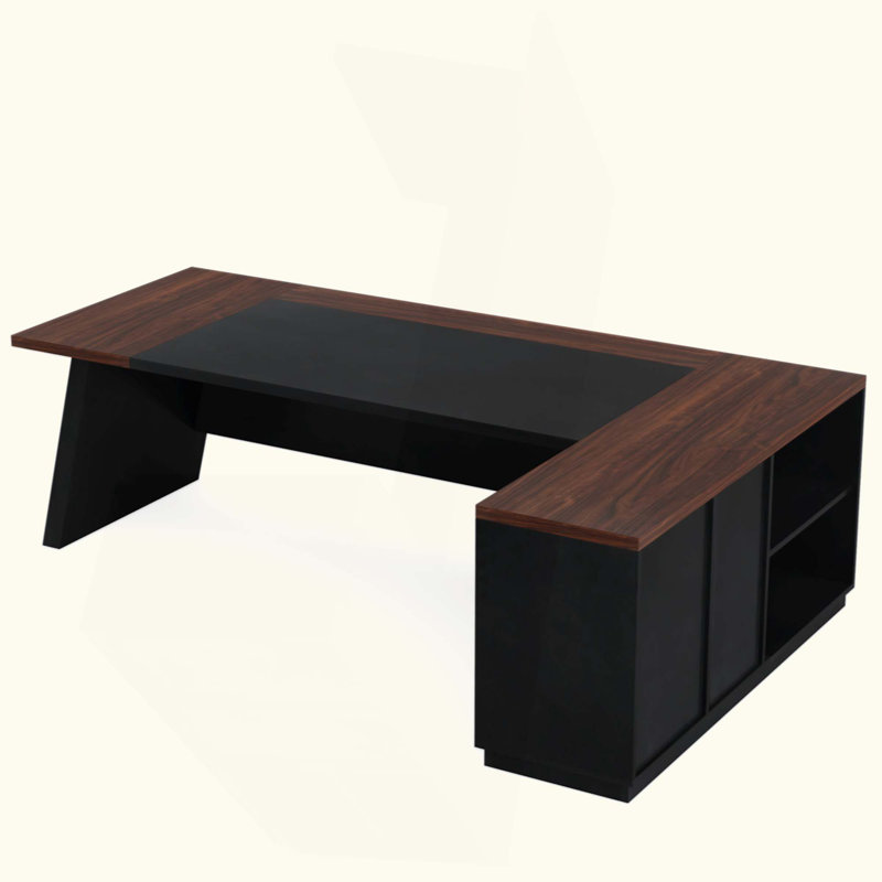 Bureau de direction en L avec classeur et tiroirs, grand poste de travail d'ordinateur moderne avec tablettes de rangement