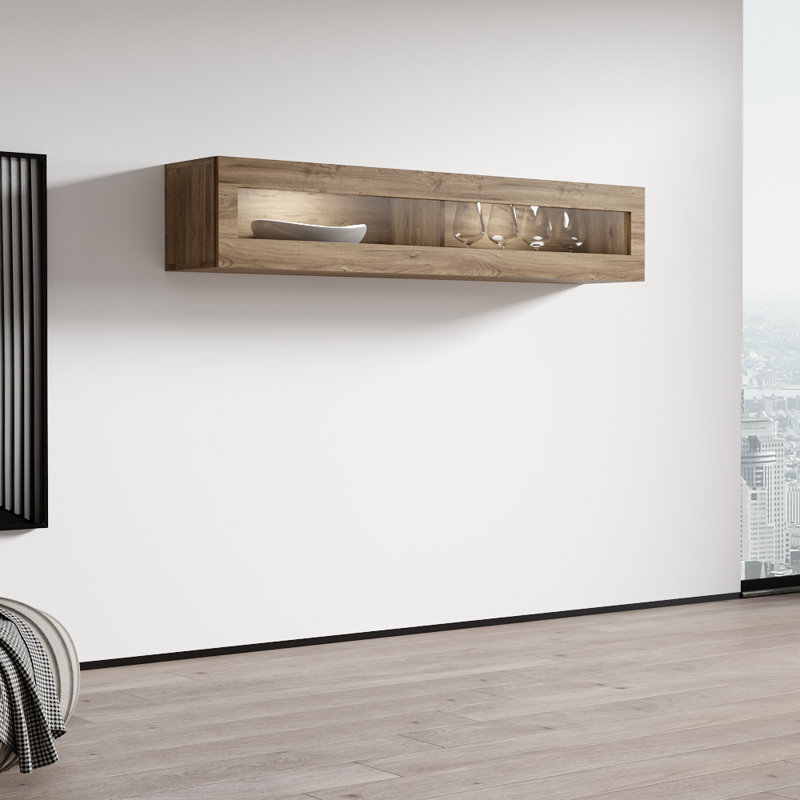 Balroop 63" Floating Shelf with 16-Colour LED Lighting, High Gloss Finish, Oak