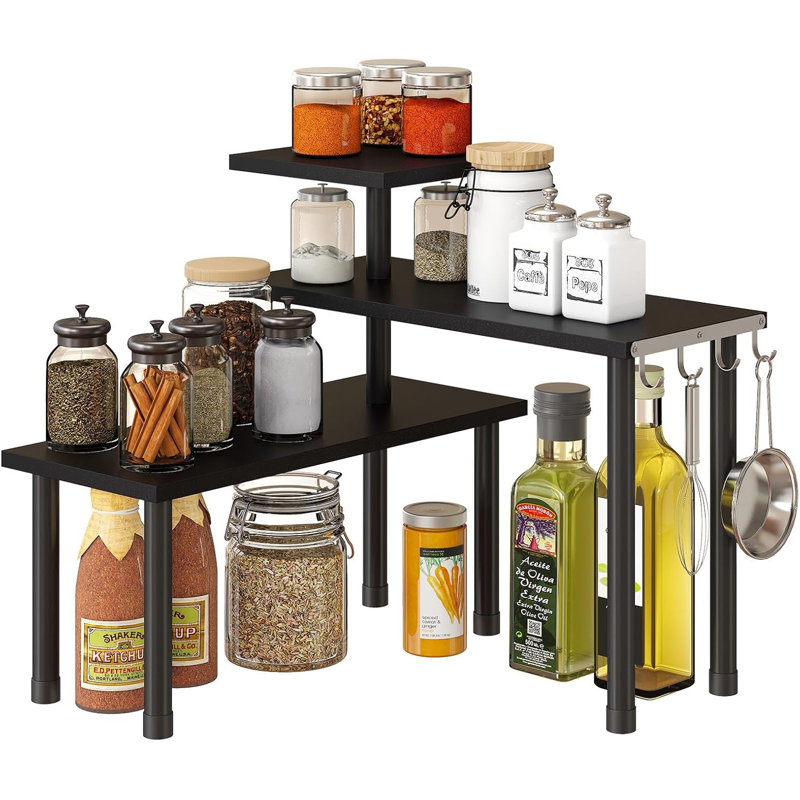 Organisateur de tablettes d'angle, support de comptoir de cuisine en bambou à 3 niveaux pour le salon, le bureau, les tablettes de présentation de bibliothèque, les tablettes de rangement peu encombrantes, noir
