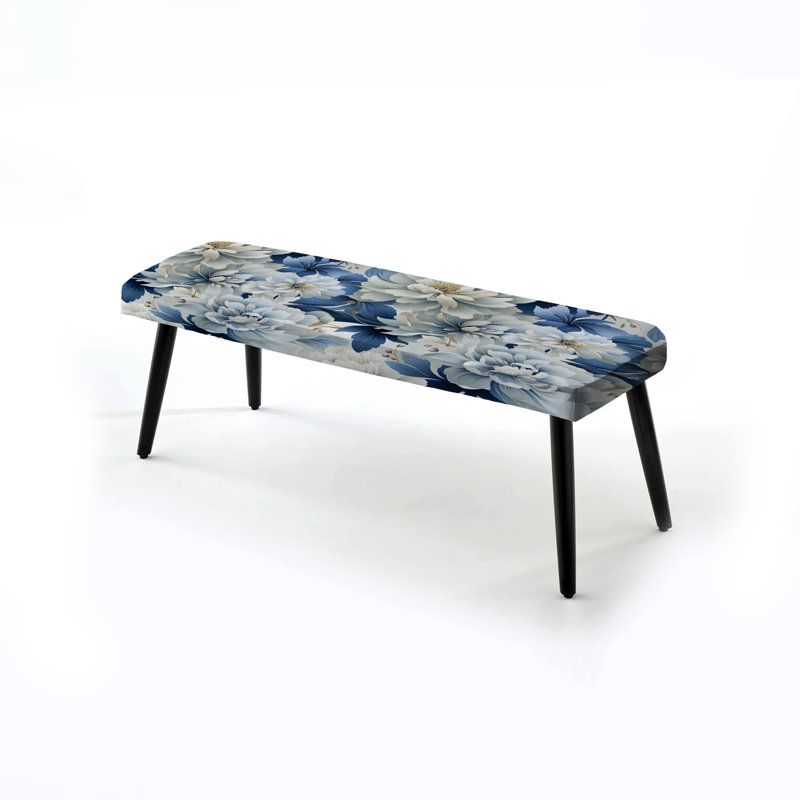 Banc rembourré damassé noir, Damas floral blanc et bleu Misty