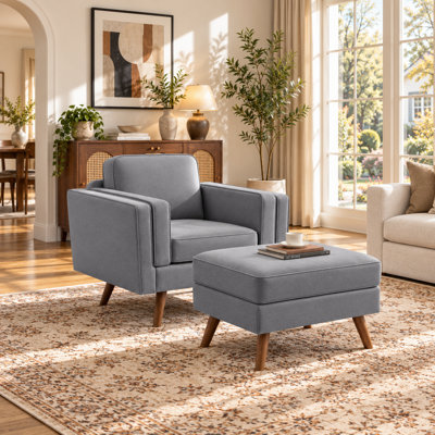 Mid-Century Modern 2-Piece Living Room Sofa Set, Includes Ottoman & Armchair, Tapered Wood Legs