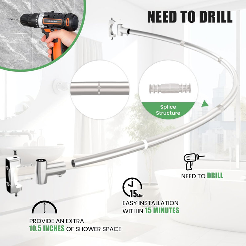 78cm Curved Wall Shower Curtain Pole, Brushed Nickel