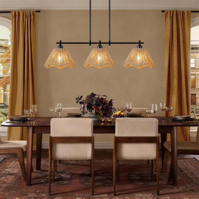 3-Light 35 in Farmhouse Rustic Kitchen Island Pendant Light, Natural Hand-Woven Rattan Hemp Shade, Modern Linear Chandelier