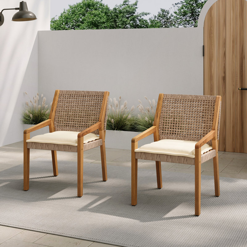 Durable Acacia Wood & Wicker Outdoor Dining Chair with Cream Cushion Set of 2