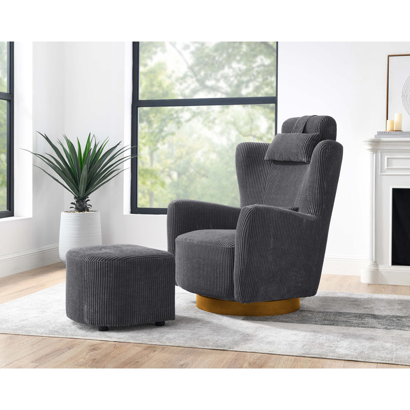 Sudbury Upholstered Swivel Armchair with Ottoman, Dark Gray Corduroy