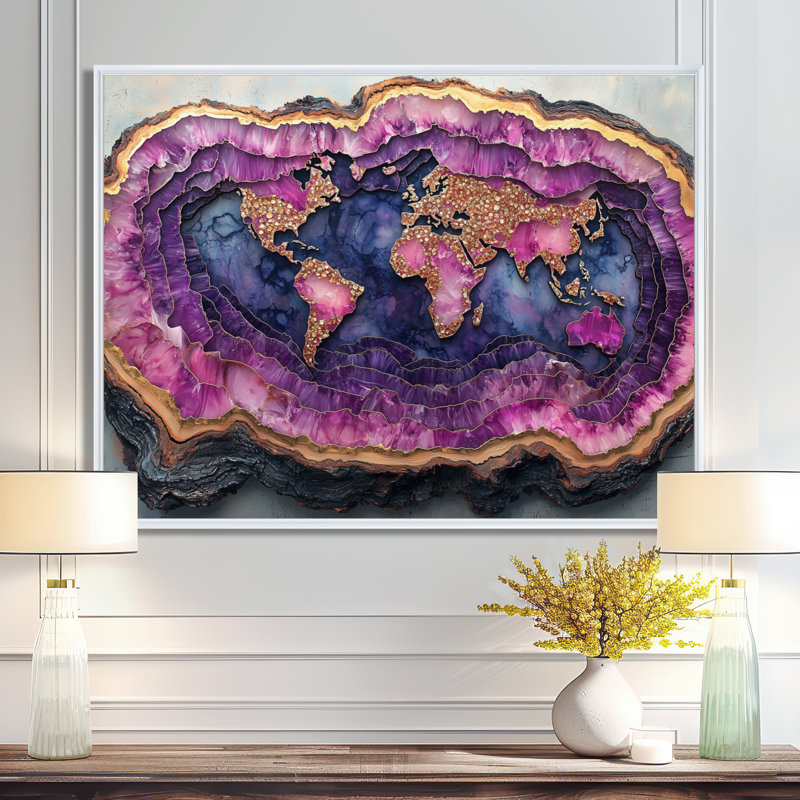 Crystals and Amethyst World Map Wood Slide II - carte du monde sur toile, art mural, H 12 po x l 20 po, Blanc