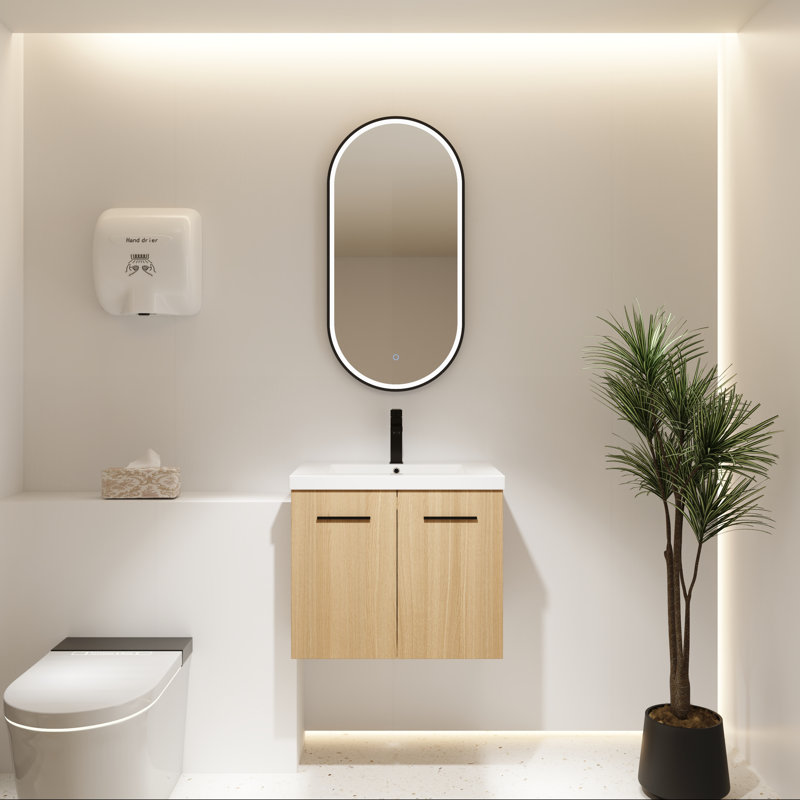 Meuble-lavabo mural 24 po avec lavabo en résine, chêne clair, double porte 24 po
