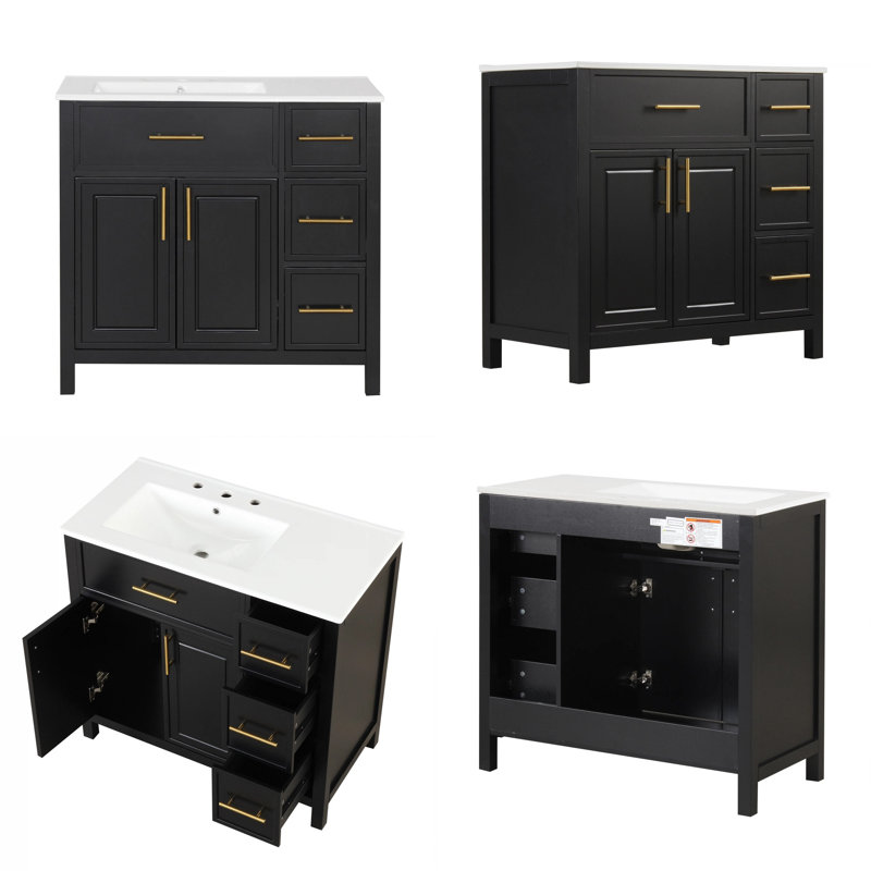 Meuble-lavabo noir 36 po avec lavabo en céramique à gauche, conception asymétrique à 3 tiroirs et 2 portes, poignées dorées, bois d'hévéa massif, prêt pour un robinet de 8 po, capacité de 250 lb