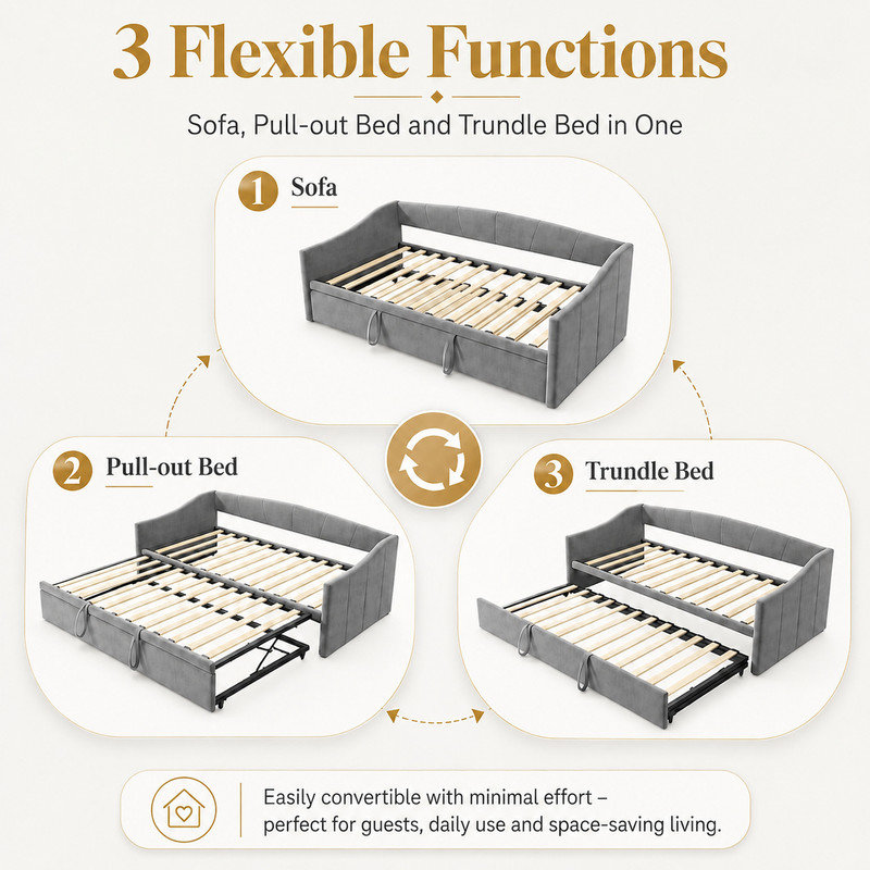 Sofa Bed  90x190 cm, Pull-Out Daybed with Velvet Upholstery, Wooden Slatted Frame, Space-Saving Design for Guest Room