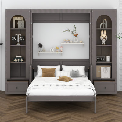 Queen Size Murphy Bed With Storage Shelves, Cabinets, Drawers And LED Lights, Folding Wall Bed Frame For Guestroom, Apartment