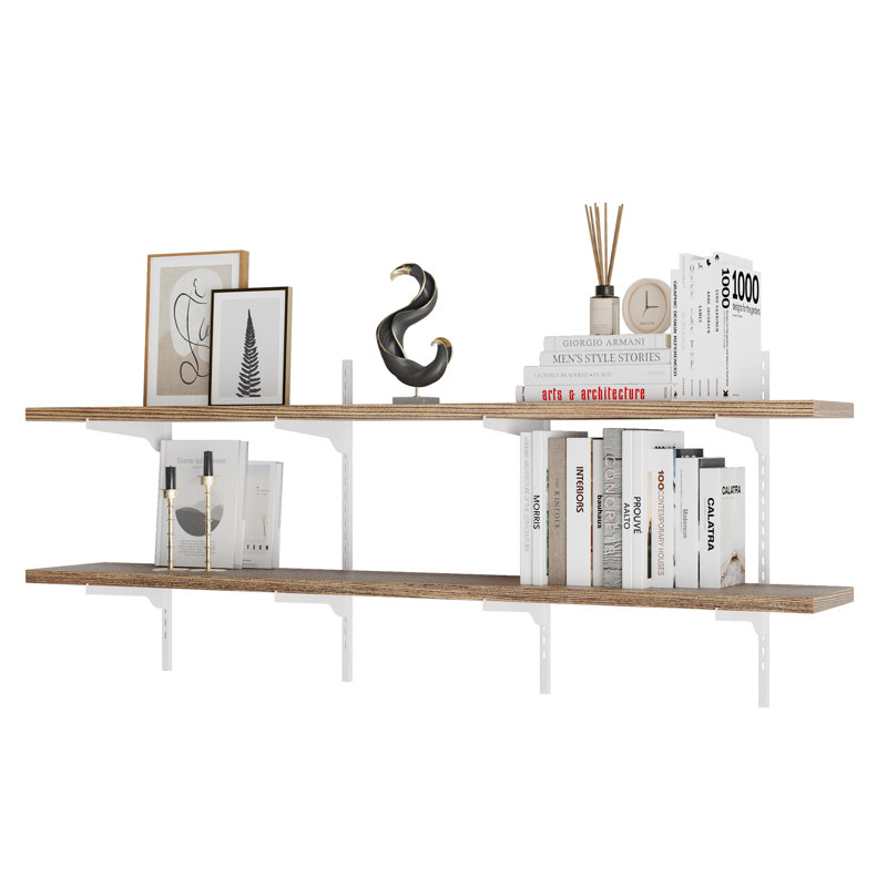 Bibliothèque flottante 60 "x 10" avec supports réglables, étagère murale, tablette de salon, tablette en bois véritable de 1 "d'épaisseur, tablette suspendue pour l'organisation de la maison, décoration rustique et bohème, brûlée, 2 niveaux