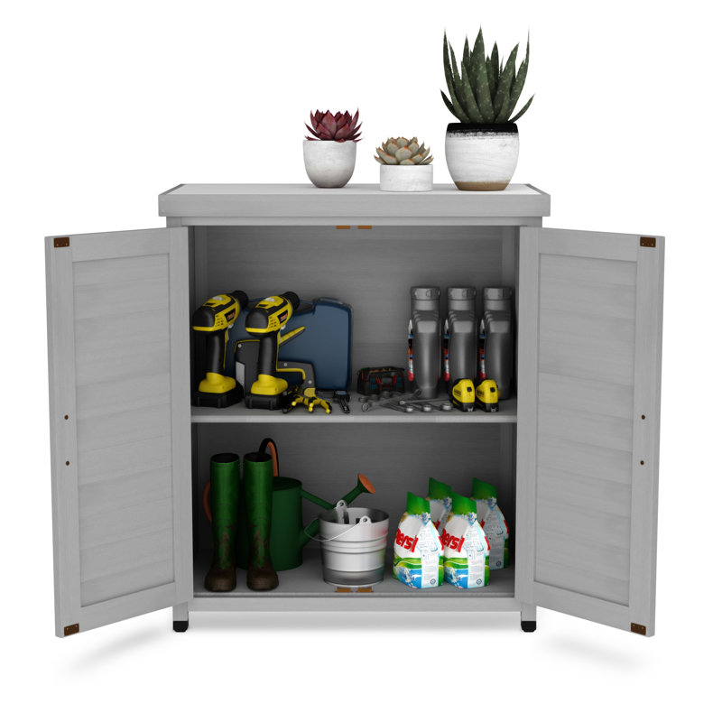 Banc de rempotage avec armoire de rangement et plateau de table en métal pour patio extérieur, Gris