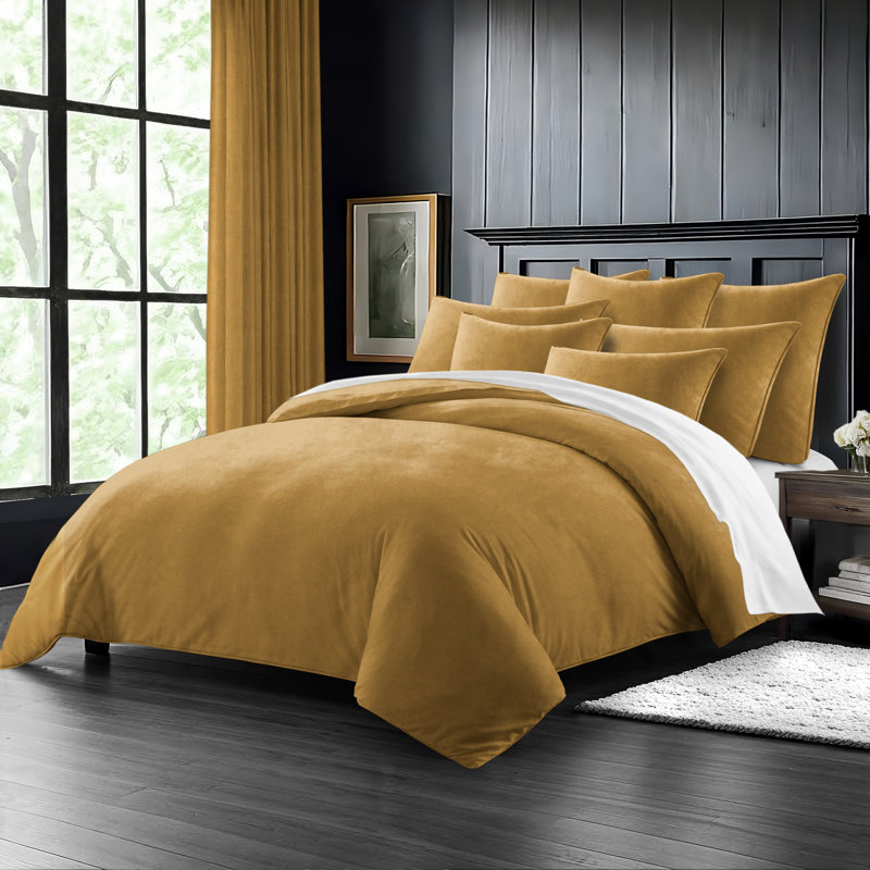Cascade Velvet Solid Colour  Comforter Set 8 Piece, King Comforter + 7 Additional Pieces, Yellow