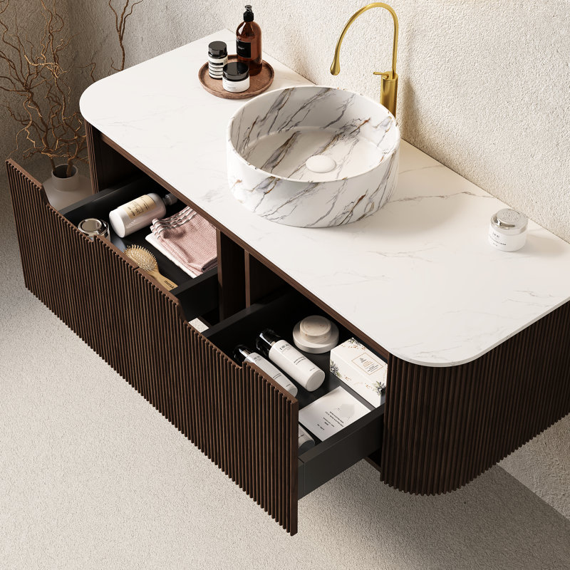 Meuble-lavabo de salle de bain de 122 cm (48 po) avec lavabo rond en céramique blanche, rangement, finition noyer foncé, grand espace de rangement, installation facile, 2 tiroirs, à installer sur le comptoir