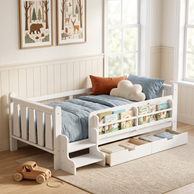 Solid Wood Kids Floor Bed with Storage Bookcases and Drawers, Montessori Toddler Bed with Cute Stairs and Guardrails