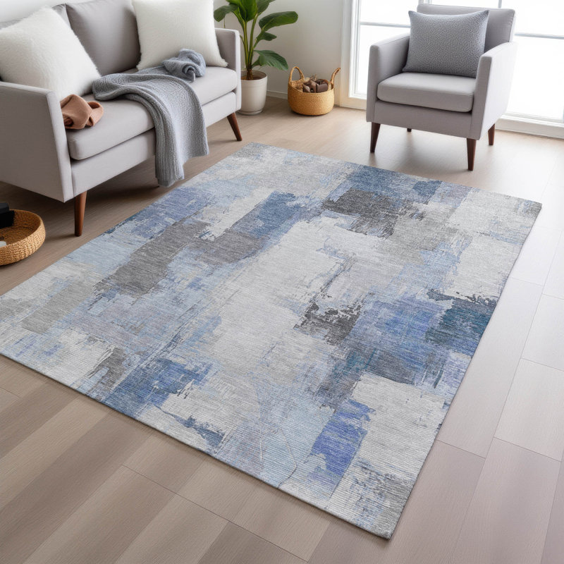 Machine Washable Indoor/Outdoor Xhevrie Denim Rug, Rectangle 8' x 10'