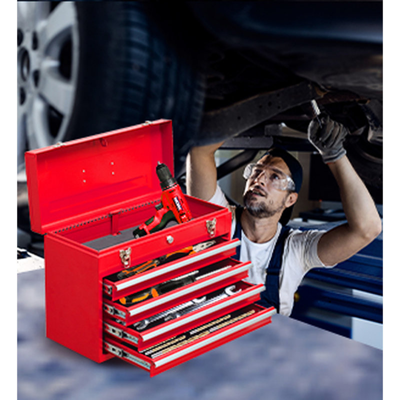 4 boîtes à outils portatives en métal - Construction, verrouillable, pour le garage et l'entrepôt, fabrication en acier de qualité, revêtement thermolaqué rouge, réparation extérieure