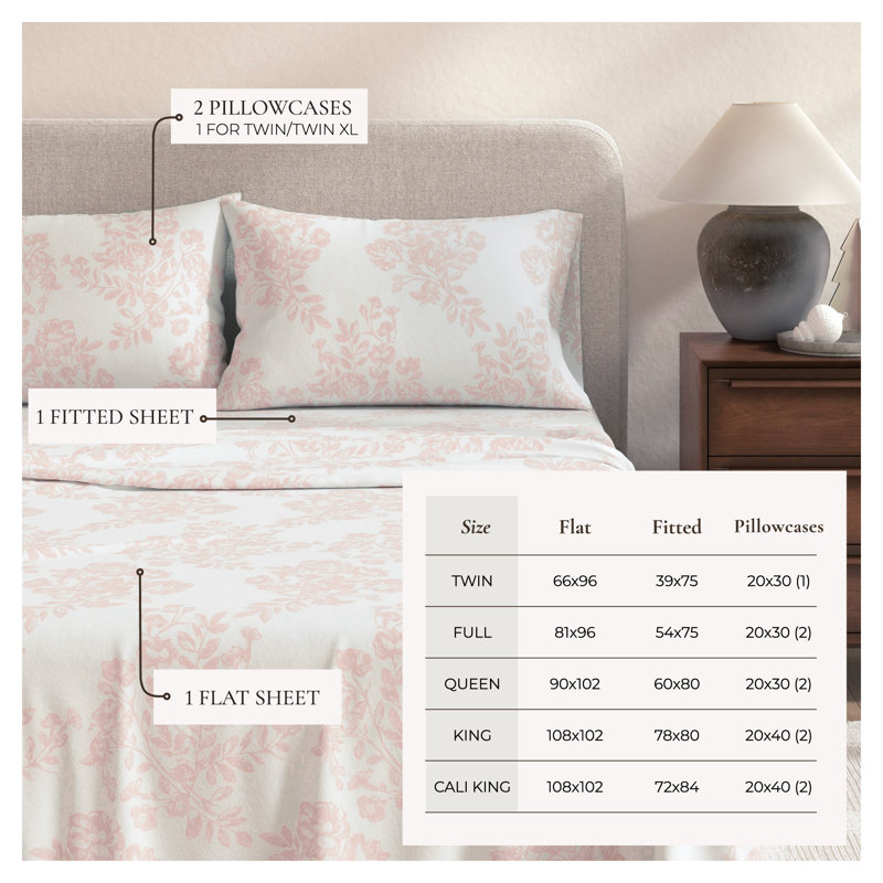 Ensemble de draps 100% flanelle de coton, Toile Blush Pink, Très grand avec deux taies d'oreiller