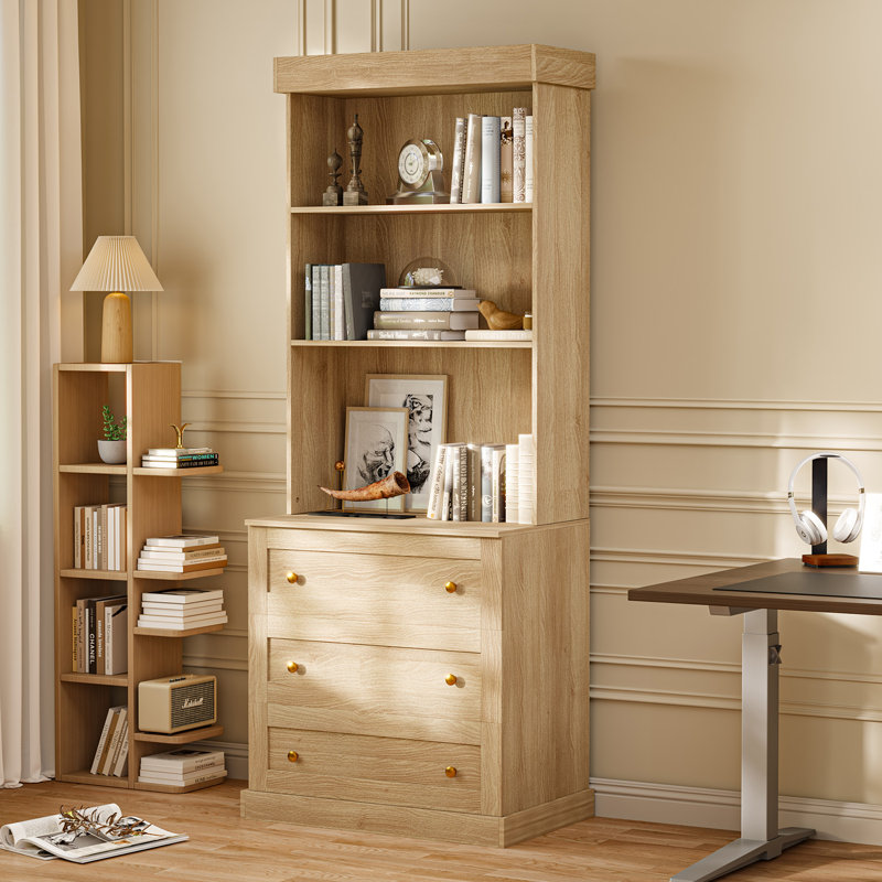 Kenric Three Layers of Drawers and Open Countertops&Bookcases, Brown, 70.8"H x 31.5"W x 15.7"D