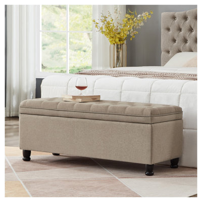 Upholstered Tufted Storage Bench with Linen Fabric and Rubberwood Legs