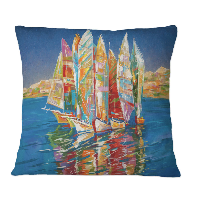 Coussin décoratif coloré avec voilier sur fond bleu, 18 po x 18 po