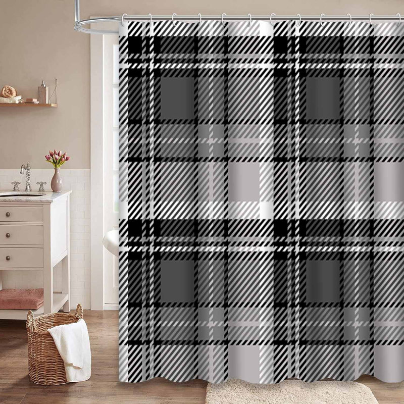 Rideau de douche sans couture à motif abstrait tartan blanc avec 12 crochets, L 72 po x l 84 po