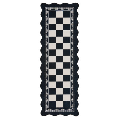 2'x6' Runner Scalloped Checkerboard Washable Area Rug, Non-Slip TPR Backing, Retro Bordered Rug for Hallway Kitchen Entryway