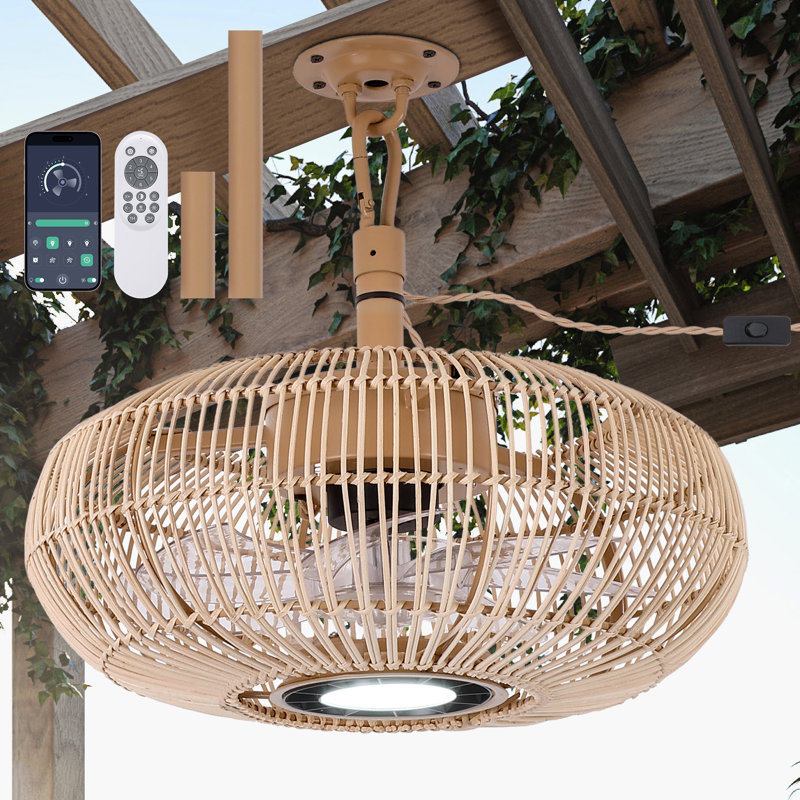 15" Plug-in Bamboo Cage Fan Light - 18ft Cord, Remote, 6-speed Reversible, 30db Quiet, 24w Tunable