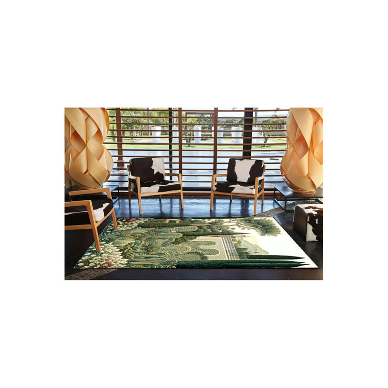 Tapis vert lavable à motif animal botanique vert, Rond 3 pi 4 po
