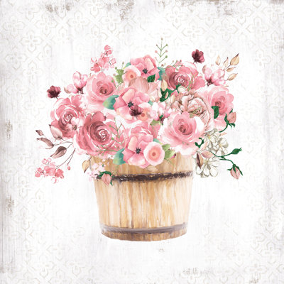 Pink Floral Bucket on Pattern 1 Piece Wrapped Canvas Painting