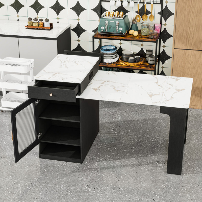 Îlot de cuisine avec table de salle à manger extensible, tablettes réglables et rangement double-face, Noir