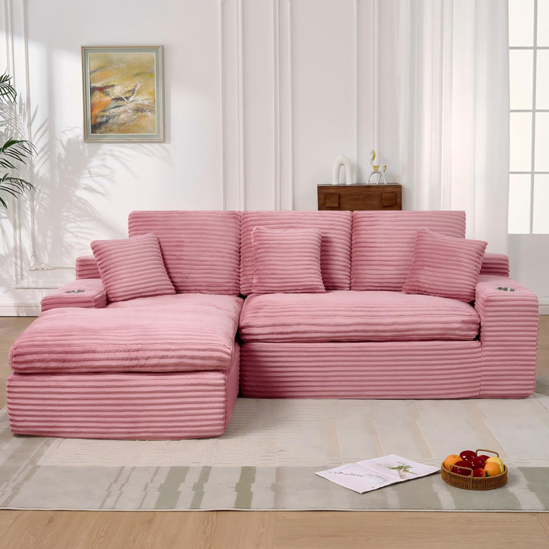 Canapé d'angle Cloud en velours côtelé de 250 cm de large avec porte-gobelets et poches latérales, aucun assemblage requis