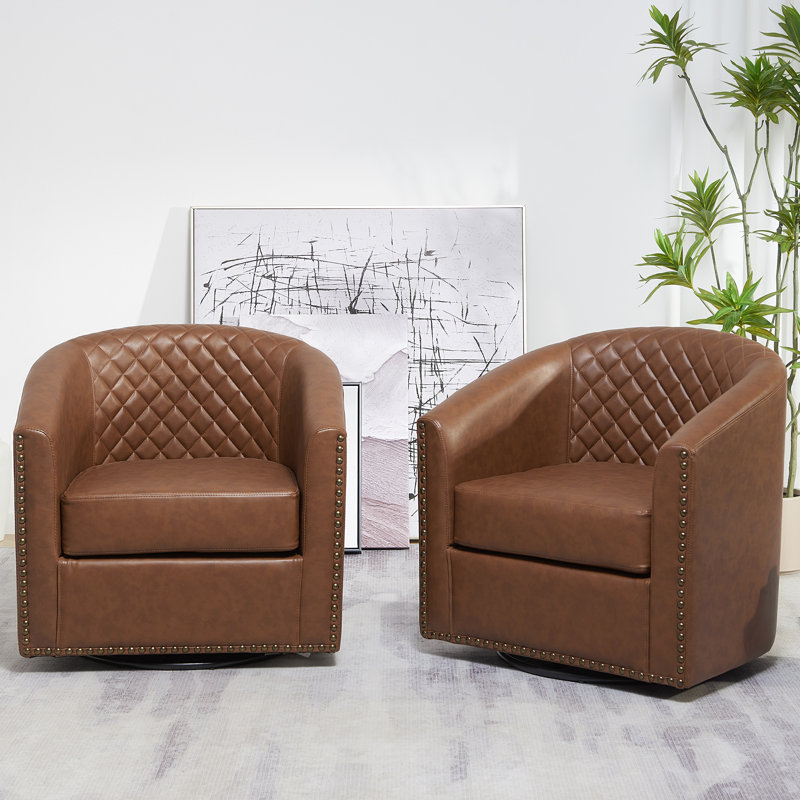 Oscar 29" W Water Resistant Faux Leather Swivel Barrel Chair, Brown Faux Leather