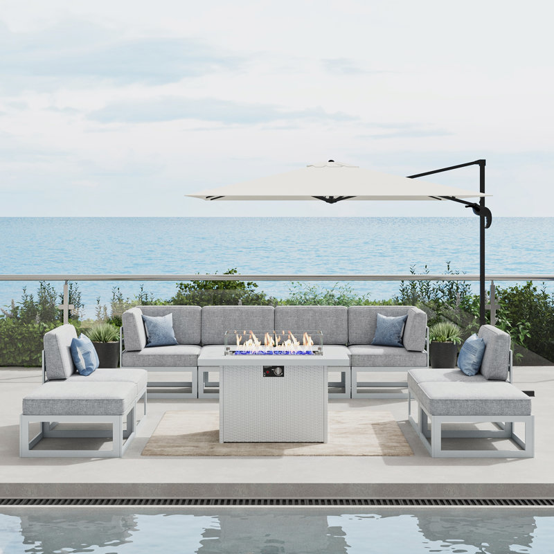Ensemble de meubles de patio en aluminium 10 pièces avec table de feu Layinsun, Gris clair, Noir