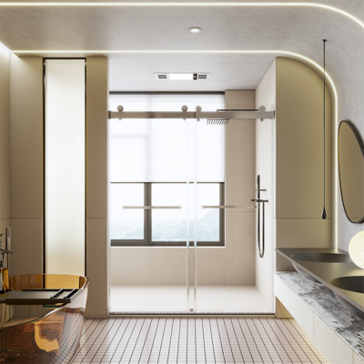 56-60 Inches W * 76 Inches H Frameless Double Sliding Soft-Close Shower Door In Chrome, 3/8 Inches (10Mm) Thick SGCC Tempered Glass Door