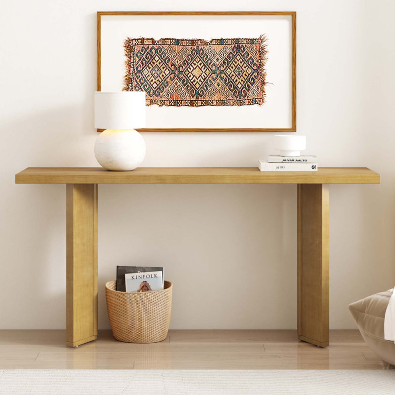 Console avec placage de pin et pieds géométriques, Naturel