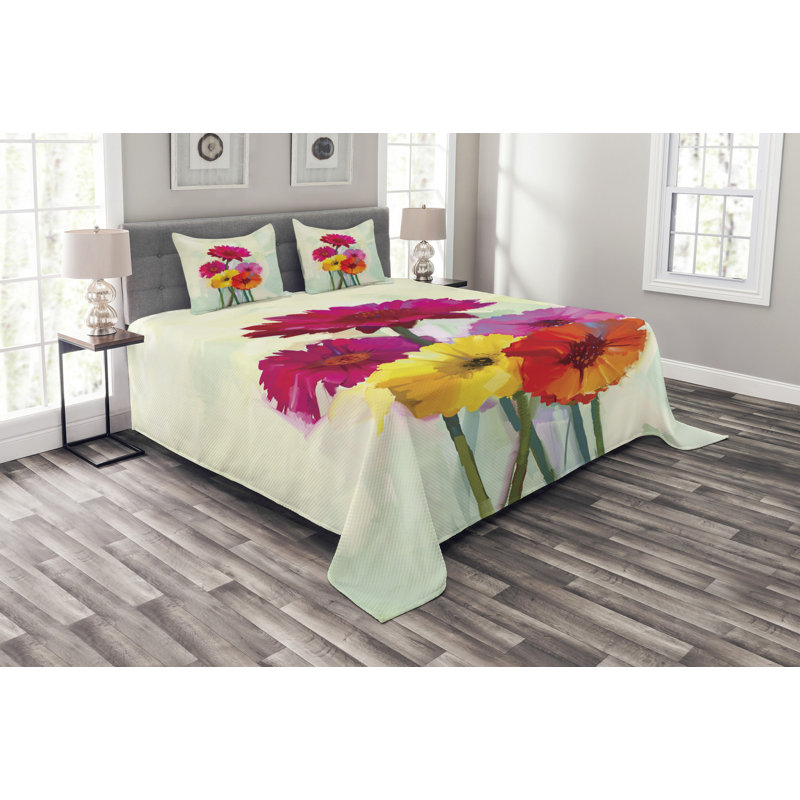Absar Cream/Pink/Yellow Microfibre Bedspread Set, 220 x 264 cm