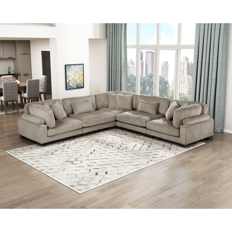 Canapé modulaire 5 pièces Constantino, Velours côtelé beige, H 34,5 po x l 135 po x P 135 po