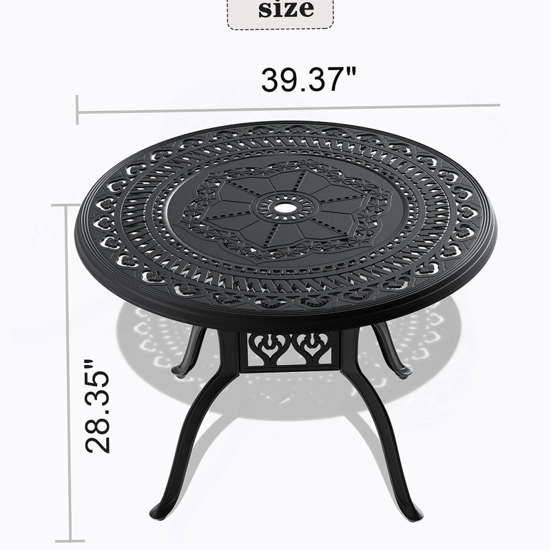 Table de salle à manger 39,37 pouces en fonte d'aluminium avec structure noire et trou pour parasol
