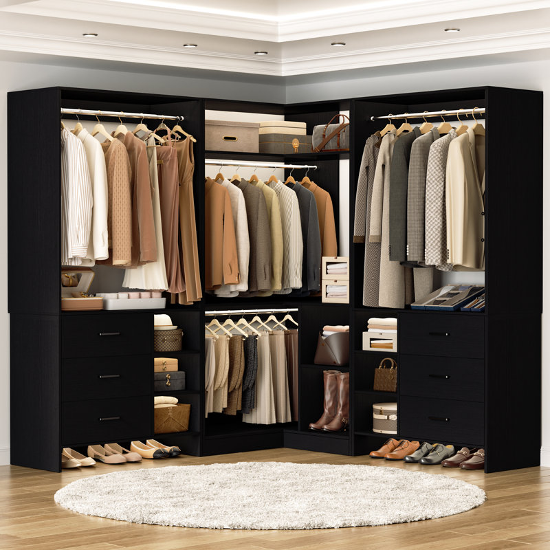 61'' - 92.6''  W Closet System with Wooden Drawers and Hanging Rods, Black